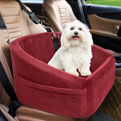 NEEZUKAR Hunde-Autositz für kleine, mittelgroße Hunde, abnehmbar, waschbar, Hundeerhöhung unter 13,6 kg, Haustier-Autositze, Reisebett mit Aufbewahrungstaschen und Sicherheitsgurt (rot) von NEEZUKAR