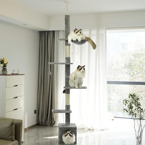 Kratzbaum vom Boden bis zur Decke, 5-stöckige Höhe (241,3–276,9 cm) – verstellbarer Katzenkletterturm mit Sisal-Kratzstämmen, Katzenhütte, Hängematte, Plattformen und hängenden Bällen von NEGTTE