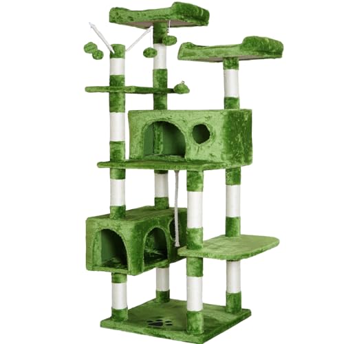 Kratzbaumturm für Hauskatzen, 162,6 cm, großes mehrstufiges Katzen-Aktivitätszentrum mit Höhlen, Kratzbäumen, abnehmbaren Fellballstäben (Green002) von NEGTTE