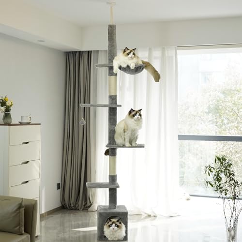 NEGTTE Cat Tree,Small Cat Tower with Scratching Post,Cat Condo with Perch,Hammock for Indoor Cats,Kittens (Light Grey, Height : 230-275cm) von NEGTTE