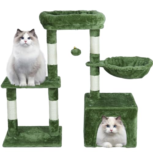 NEGTTE Kratzbaum, kleiner Katzenturm mit Kratzbaum, Katzenhaus mit Sitzstange, Hängematte für Hauskatzen, Kätzchen (Grün, 006) von NEGTTE