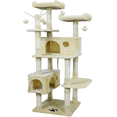 NEGTTE Katzenbaum für Katzen im Innenbereich, 162,6 cm, groß, mehrstufig, Katzen-Aktivitätszentrum mit Wohnungen, Kratzstämmen, abnehmbare Pelzballstäbe (beige) von NEGTTE