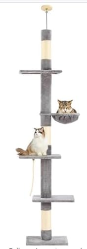 NEGTTE Katzenbaum vom Boden bis zur Decke Katzenturm mit verstellbarer Höhe, Katzenkletter-Aktivitätszentrum mit Hängematte, Plattformen und baumelnden Bällen für Indoor-Katzen (Hellgrau, 008) von NEGTTE