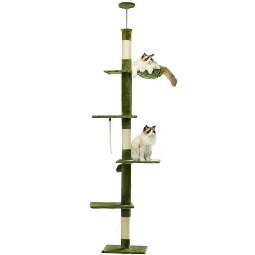 NEGTTE Kratzbaum vom Boden bis zur Decke mit verstellbarer Höhe, Katzenkletter-Aktivitätszentrum mit Hängematte, Plattformen und baumelnden Bällen für Indoor-Katzen (Grün, 008) von NEGTTE