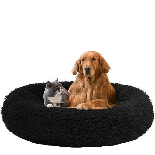 NENIUX Beruhigendes Donut-Hundebett, Haustierbett, Anti-Angst, rund, Welpensofa, Katzenkissen, maschinenwaschbar mit rutschfester Unterseite, für kleine/mittelgroße Hunde, 100 cm, Schwarz von NENIUX