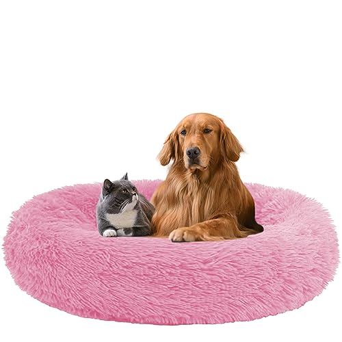 NENIUX Beruhigendes Donut-Hundebett, Haustierbett, Anti-Angst, rund, Welpensofa, Katzenkissen, maschinenwaschbar mit rutschfester Unterseite, für kleine/mittelgroße Hunde, 110 cm, Rosa von NENIUX