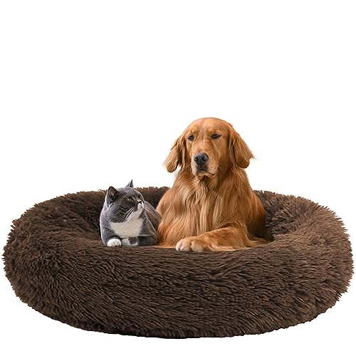 NENIUX Beruhigendes Donut-Hundebett, Haustierbett, Anti-Angst, rund, Welpensofa, Katzenkissen, maschinenwaschbar mit rutschfester Unterseite, für kleine/mittelgroße Hunde, 120 cm, Braun von NENIUX