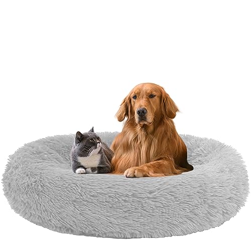 NENIUX Beruhigendes Donut-Hundebett, Haustierbett, Anti-Angst, rund, Welpensofa, Katzenkissen, maschinenwaschbar mit rutschfester Unterseite, für kleine/mittelgroße Hunde, 130 cm, Grau von NENIUX