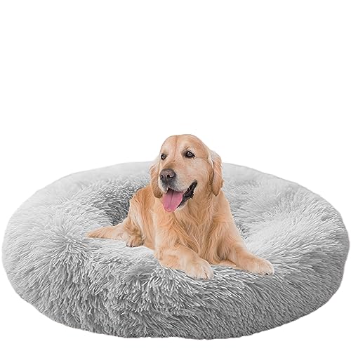 NENIUX Donut Hundebett, beruhigendes Haustierbett für große, mittelgroße und kleine Hunde, rundes Plüsch-Welpenbett, maschinenwaschbar, Katzenbett, Sofakissen mit rutschfester Unterseite, 130 cm, Grau von NENIUX