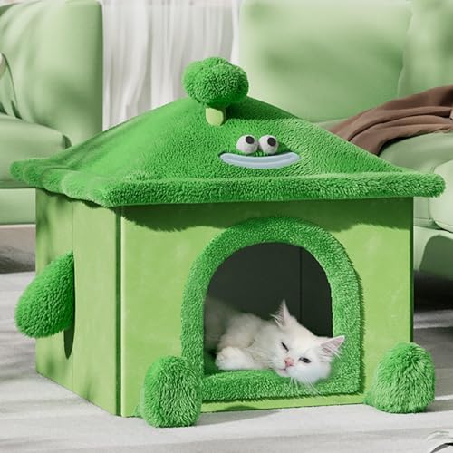 Haus für Hauskatzen, Unterschlupf mit abnehmbarem, weichem Kissen, Katzenbetten für Hauskatzen, Katzenbetthöhle, Katzenhaus mit waschbarem Kissen, kleines Katzenbett für Kätzchen (Color : Green, Siz von NEOFEN