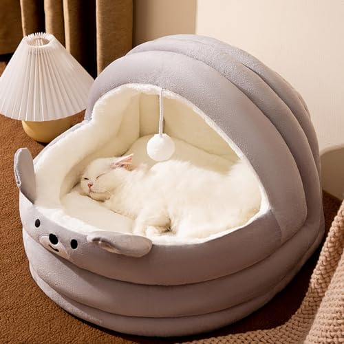 Katzenbett, Katzenbetten für Hauskatzen waschbar, süße warme Katzenhöhle, große Katzen- und Hundebetthöhle, gemütliches Plüsch-Katzenbett mit Kapuze und weichem Kissen (Color : Grey, Size : M) von NEOFEN