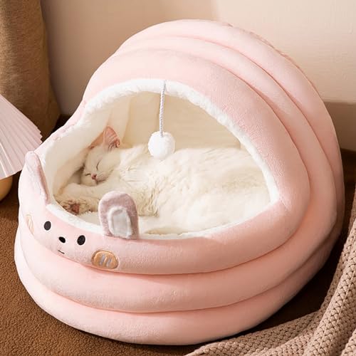 Katzenbett, Katzenbetten für Hauskatzen waschbar, süße warme Katzenhöhle, große Katzen- und Hundebetthöhle, gemütliches Plüsch-Katzenbett mit Kapuze und weichem Kissen (Color : Pink, Size : S) von NEOFEN