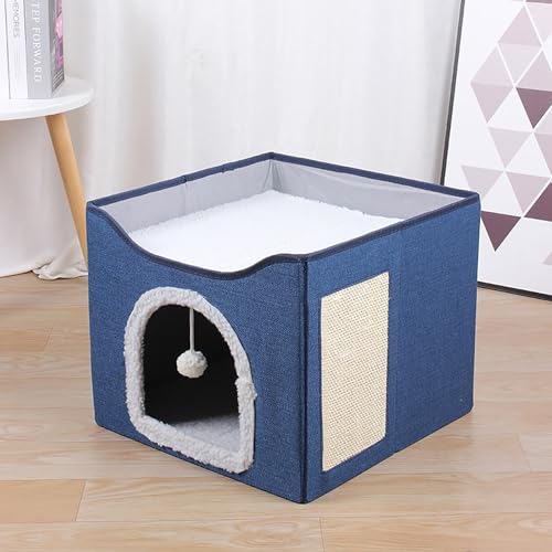 Katzenbett für Katzen im Innenbereich, Würfelhaus – große Katzenhöhle für Haustierkatzenhaus mit Flauschiger Ballaufhängung und Kratzunterlage, Faltbarer Katzenversteck (Color : Blue, Size : 41x41x3 Katzenbett für Katzen im Innenbereich, Würfelhaus – große Katzenhöhle für Haustierkatzenhaus mit Flauschiger Ballaufhängung und Kratzunterlage, Faltbarer Katzenversteck (Color : Blue, Size : 41x41x3 von NEOFEN