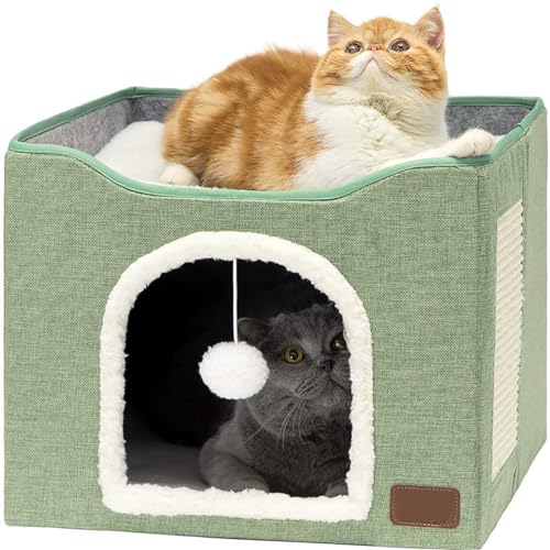 Katzenbett für Katzen im Innenbereich, Würfelhaus – große Katzenhöhle für Haustierkatzenhaus mit Flauschiger Ballaufhängung und Kratzunterlage, Faltbarer Katzenversteck (Color : Green, Size : 41x41x von NEOFEN