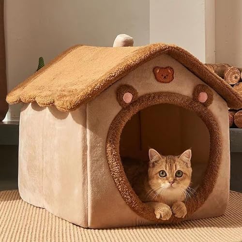 Katzenhöhlenbett, waschbares Hundebett, warmes und gemütliches, bequemes Plüsch-Katzenhaus, Haustierbett mit Rutschfester Unterseite (Color : Brown, Size : 49x39cm) von NEOFEN