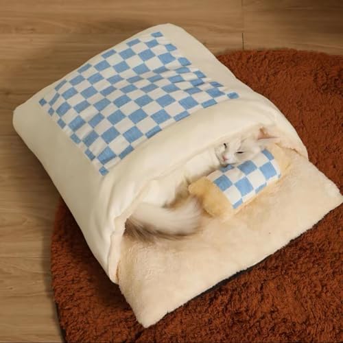 Kleiner Katzenschlafsack, selbstwärmende Katzenbetthöhle, überdachtes Katzenbett für Hauskatzen, kleines Haustierbett, süßes Katzenbett mit Mini-Kissen, weiche Haustiermatte (Color : Blue, Size : S von NEOFEN