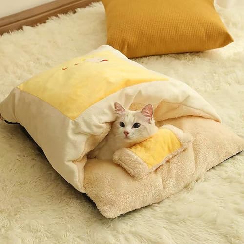 Kleiner Katzenschlafsack, selbstwärmende Katzenbetthöhle, überdachtes Katzenbett für Hauskatzen, kleines Haustierbett, süßes Katzenbett mit Mini-Kissen, weiche Haustiermatte (Color : Yellow, Size : von NEOFEN