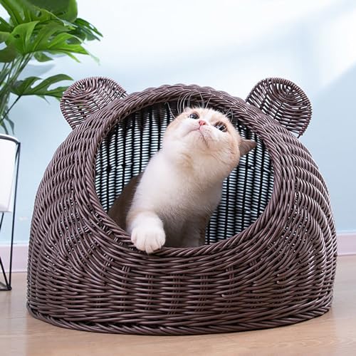 Massives Rattan-Katzenbettnest, halbgeschlossenes Korbgeflecht in Katzenform, waschbar, interaktives Spielhaus für den Innenbereich (Color : Brown, Size : 44x30cm) von NEOFEN
