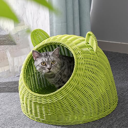 Massives Rattan-Katzenbettnest, halbgeschlossenes Korbgeflecht in Katzenform, waschbar, interaktives Spielhaus für den Innenbereich (Color : Green, Size : 44x30cm) von NEOFEN