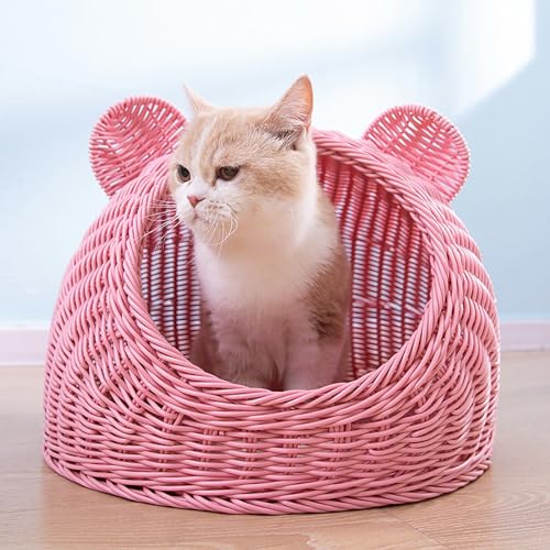 Massives Rattan-Katzenbettnest, halbgeschlossenes Korbgeflecht in Katzenform, waschbar, interaktives Spielhaus für den Innenbereich (Color : Pink, Size : 40x28cm) von NEOFEN