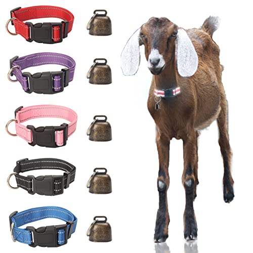 NEOGULY Reflektierendes Nylon-Halsband für Ziegen und Schafe mit Kupferglocken, verstellbar (34,8–53,3 cm), einfache Positionierung, Anti-Verlust, 5 Farben, 5 Stück von NEOGULY