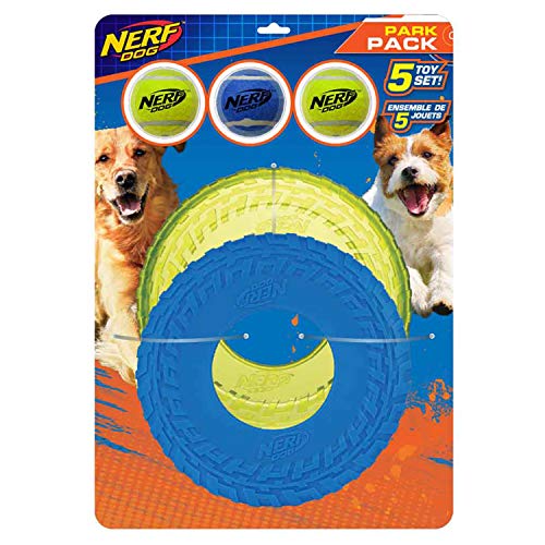 Nerf Dog 5-teiliges Hundespielzeug-Geschenk-Set, enthält 6,3 cm Quietsch-Tennisball, 3er-Pack, 25,4 cm durchscheinender TPR-Reifenflyer und 25,4 cm TPR-Reifenflieger, Nerf Tough Material, grün und von NERF