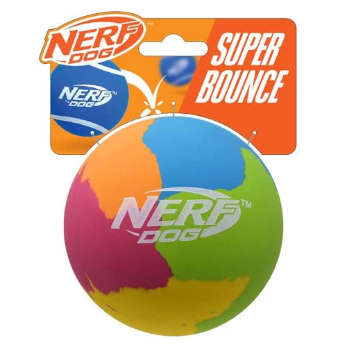 Nerf Dog Super Bounce Gummiball, 9,5 cm, hohe Sichtbarkeit, langlebiges Apportierspielzeug für Hunde, Rosa/Blau/Grün/Orange/Gelb von NERF