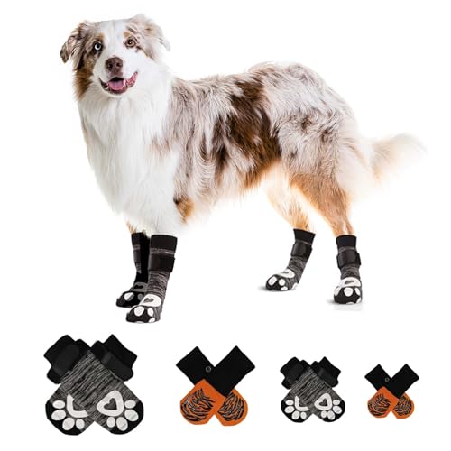 NESSICURE 5 Paar rutschfeste Hundesocken, Pfotenschutz mit verstellbaren Riemen zum Schutz vor Pfotenlecken, wasserdichte Hundestiefel (3 Paar Grau + 2 Paar Orange, L) von NESSICURE