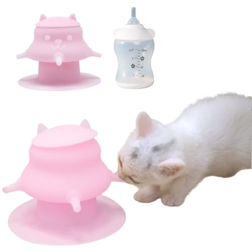 NESSICURE Welpen-Futterspender zum Stillen, Kätzchen-Nippel, hochwertige Silikon-Stillstation, 230ml-Flaschen mit 4 Nippeln, auslaufsicher, ideale Höhe, Starke Saugkraft (Rosa) von NESSICURE