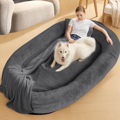 NESTROAD Hundebett für Mensch & Hund,180x114x35cm,waschbarer Kunstfellbezug mit Decke und Kissen,extra großes Sitzsackbett in Menschengröße,Dunkelgrau von NESTROAD