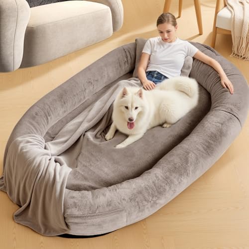 NESTROAD Hundebett für Mensch & Hund,180x114x35cm,waschbarer Kunstfellbezug mit Decke und Kissen,extra großes Sitzsackbett in Menschengröße,Kamel NESTROAD Hundebett für Mensch & Hund,180x114x35cm,waschbarer Kunstfellbezug mit Decke und Kissen,extra großes Sitzsackbett in Menschengröße,Kamel von NESTROAD