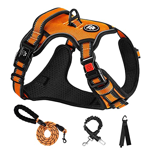 NESTROAD Hundegeschirr Große Hunde Leine Geschirrset Orange, Größe L für Hunde Grosse mit Halsumfang 38~48CM Brustumfang 48~74CM, enthalten Brustgeschirre Hundeleine und Sicherheitsgurt Auto von NESTROAD