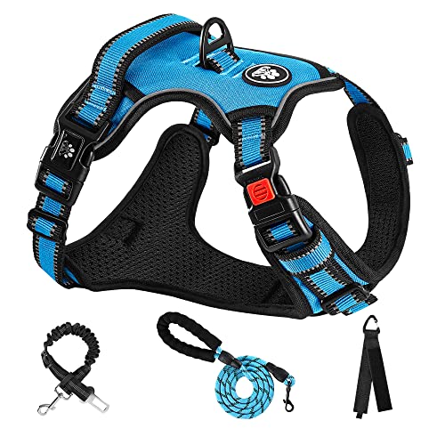 NESTROAD Hundegeschirr Große Hunde Leine Geschirrset Blau, Größe L für Hunde Grosse mit Halsumfang 38~48CM Brustumfang 48~74CM, enthalten Brustgeschirre Hundeleine und Sicherheitsgurt Auto von NESTROAD