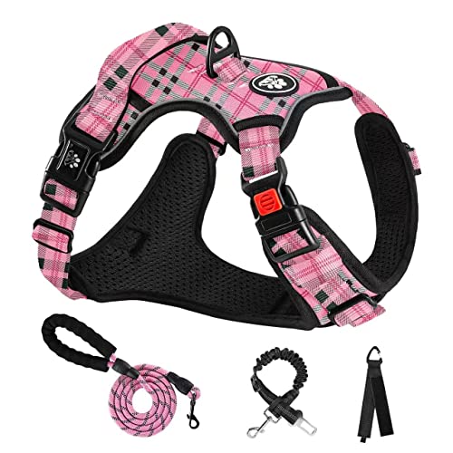 NESTROAD Anti Zieh Hundegeschirr Große Hunde Leine Geschirr Set Kariertes Rosa, Größe XL für Hunde Grosse Halsumfang 43~64CM Brustumfang 53~89CM, enthalten Brustgeschirre, Hundeleine, Sicherheitsgurt von NESTROAD