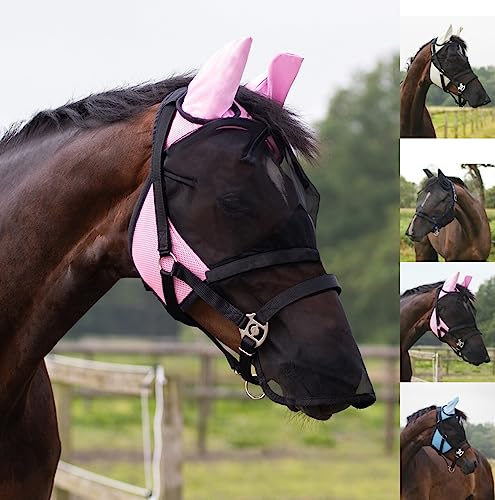 netproshop Fliegenmaske mit Abnehmbarem Nüsternschutz Fliegenhaube Größe Mini-XFull, Groesse:Cob, Farbe:Schwarz/Rosa von netproshop