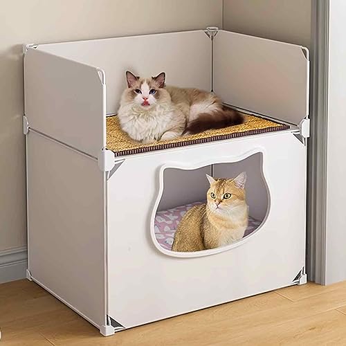 NEZIH Cat House Indoor Für 2 Katzen, Faltbare Katzenbetten, Kätzchenstift, Aps-Material, Universell Für Alle Jahreszeiten, Halbschlosses Katzenhaus/White/47 * 37 * 55Cm von NEZIH