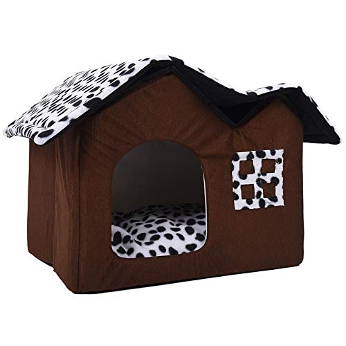 NGHSDO Hundebett Haustier-Haus-Klappbett mit Matte Soft-Winter-Hundewelpen-Sofa-Kissen-Haus-Hundehütte-Nest-Hundekatze-Bett Zwei Dach (Color : Brown, Size : 55x40x42cm) von NGHSDO