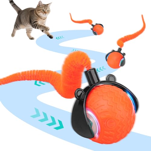 NGOKPYD Interaktives Katzenspielzeug Ball Elektrisch, Katzenball Elektrisch, Interaktiver Spielball FüR Katzen mit Led Licht, DREI Arbeitsmodi 360° Selbstdrehender Katzenspielzeug mit Ersatzschwanz von NGOKPYD