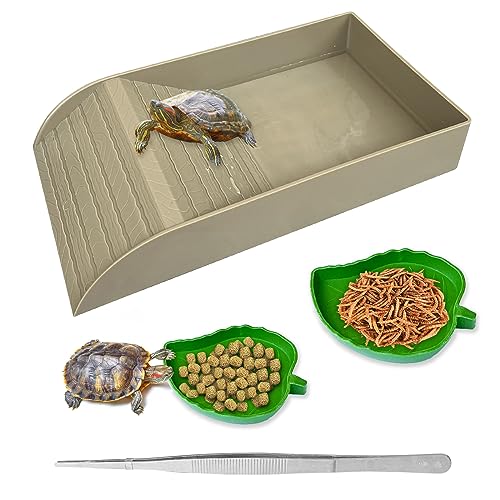 NGORAY Schildkröten-Futternapf mit Rampe und Sonnenplattform – Blattschildkröten-Wasser-Futternäpfe, Reptilien-Wassernapf, Amphibien-Lebensraum, Reptilien-Wassernapf, passend für Amphibien, mit von NGORAY
