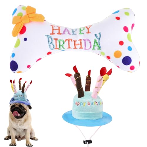 NHQZ 2 Pcs Haustier-Hundekuchen-Knorpel Spielzeug Geburtstagsgeschenke Für Kleine Und Mittelgroße Hunde,Hunde Geburtstag(Hundeknochen Und Blauer Hut) von NHQZ