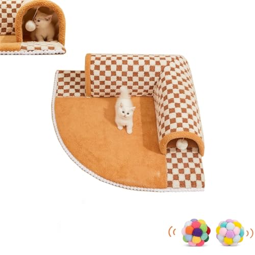 2-in-1 lustiges Plüsch-Katzentunnelbett mit Karomuster, mit Spielzeugbällen, rundes Katzentunnelbett, Katzenbett, faltbares weiches Katzentunnelbett for Hauskatzen (Color : Brown, Size : L) von NIANE