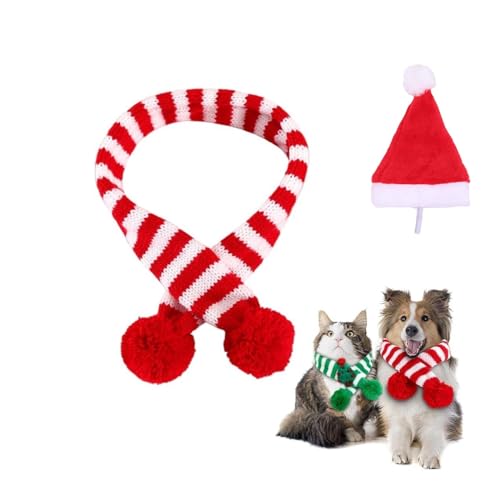 Weihnachts-Hundeschal mit Weihnachtsmannmütze, gestrickter gestreifter Weihnachtsschal aus Wolle, Winter-Haustier-Plüschschals, Hunde-Halswärmer, Welpen- und Katzen-Weihnachtskostüm-Zubehör for kleine von NIANE