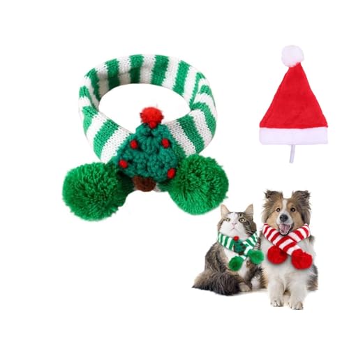 Weihnachts-Hundeschal mit Weihnachtsmannmütze, gestrickter gestreifter Weihnachtsschal aus Wolle, Winter-Haustier-Plüschschals, Hunde-Halswärmer, Welpen- und Katzen-Weihnachtskostüm-Zubehör for kleine von NIANE