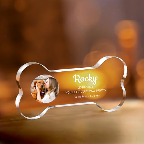 NIBESSER Personalisiert Gedenktafel für Haustiere Erinnerung Acryl Dekorschild mit Foto Hundandenken Geschenke Trauergeschenk, Kristall-Knochenform für Katze und andere Haustiere Tiere von NIBESSER