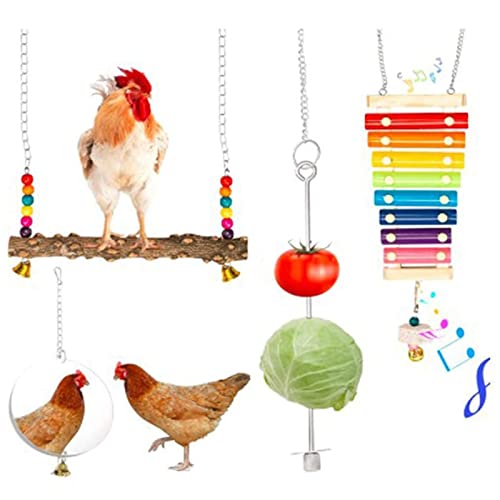NICERAM Hühnerspielzeug für Coop, Hühnervogel-Spielset aus Holz, Kreatives Vogel-Kauspielzeug, enthält Xylophon, Schaukel, Gemüseaufhänger, Spiegel, baumelndes Spielset für Küken, Hühner, Papageien von NICERAM