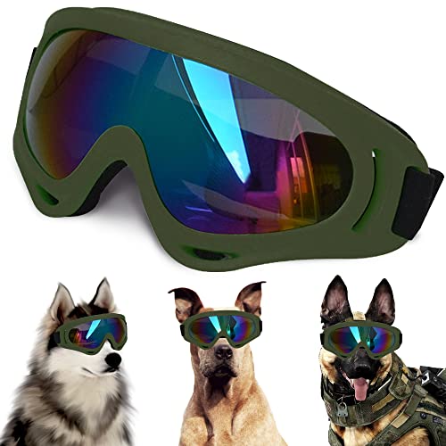 Große Hunde-Sonnenbrille mit verstellbarem Riemen, UV-Schutz, winddicht, geeignet für mittelgroße und große Hunde, Augenschutz, weiche Hundebrille (armeegrüner Rahmen) von NICERINC PET