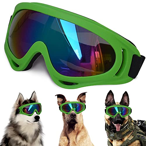 Große Hunde-Sonnenbrille mit verstellbarem Riemen, UV-Schutz, winddicht, geeignet für mittelgroße und große Hunde, Augenschutz, weiche Hundebrille (grüner Rahmen) von NICERINC PET