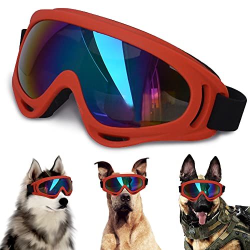 Große Hunde-Sonnenbrille mit verstellbarem Riemen, UV-Schutz, winddicht, geeignet für mittelgroße und große Hunde, Augenschutz, weiche Hundebrille (roter Rahmen) von NICERINC PET