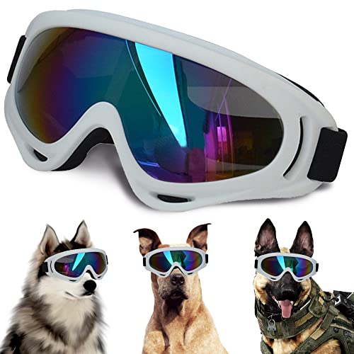 Große Hunde-Sonnenbrille mit verstellbarem Riemen, UV-Schutz, winddicht, geeignet für mittelgroße und große Hunde, Augenschutz, weiche Hundebrille (weißer Rahmen) von NICERINC PET
