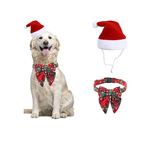 NICNICPET Weihnachten Hund Fliege Halsband und Hut Set, Weihnachten Haustiere Halsband Schnalle für Katzen Kleine Mittlere Hunde, Rot Grün L von NICNICPET